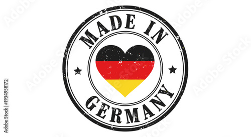 A close-up shot of a 'Made in Germany' stamp with a heart-shaped German flag on a white background, conveying a sense of national pride and product origin with a patriotic mood.