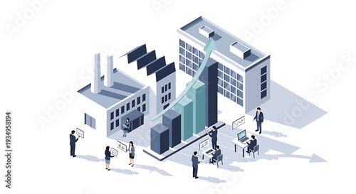 Isometric illustration of people working and growing in a modern industrial complex with rising graphs and charts, conveying a sense of German SME growth and development.