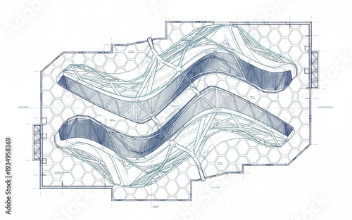 Aerial view of a topographic map with wavy lines and hexagonal patterns illustrating landscape features and terrain elevation