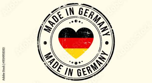 Stamp with a heart-shaped German flag on a pale background, symbolizing German SME growth and products made in Germany.
