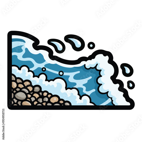 A cartoonish wave crashing on rocks