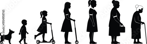Human life stages silhouette illustration, aging progression artwork, childhood to elderly vector, generational timeline design, family development graphic, growth icon image