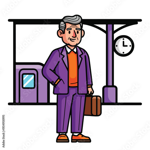 A cartoon man in a purple suit waits at a train station