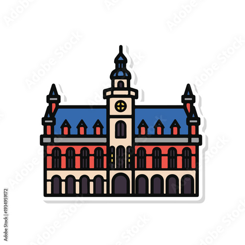 Colorful illustration of a building with a clock tower