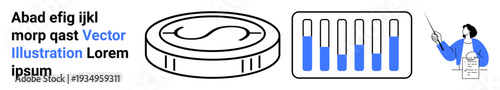 Coin represents currency bar chart showcases data analysis. Person explaining highlights education and finance themes. Ideal for business, analytics, economy, presentation, education, statistics