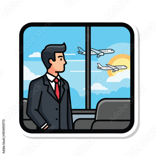 A man in a suit looks out an airplane window at flying planes
