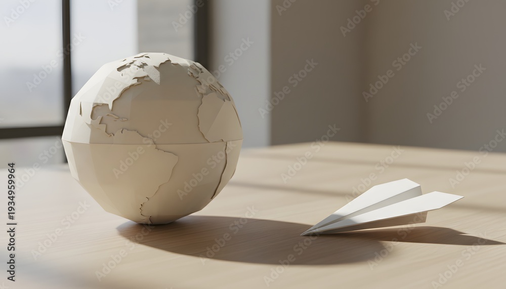Obraz premium A composition of a paper globe and a paper plane on a wooden desk, symbolizing global travel and strategic planning concept