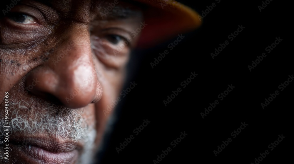 Obraz premium African American uncle sitting and smiling warmly, relaxed casual pose, friendly mature man, positive lifestyle and family concept, natural portrait, high detail, 4K resolution.