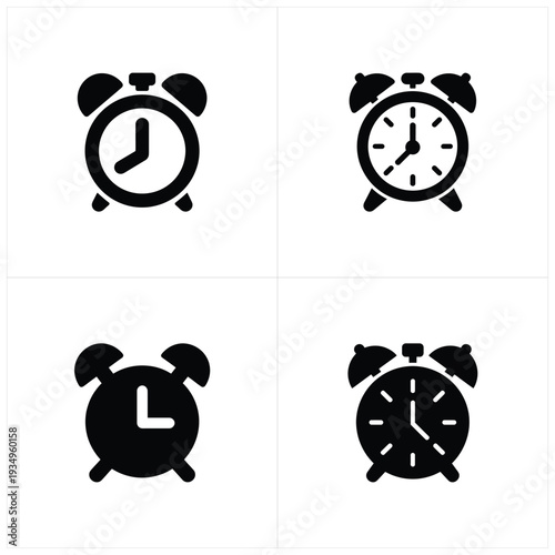 Black and white alarm clock faces with time symbols