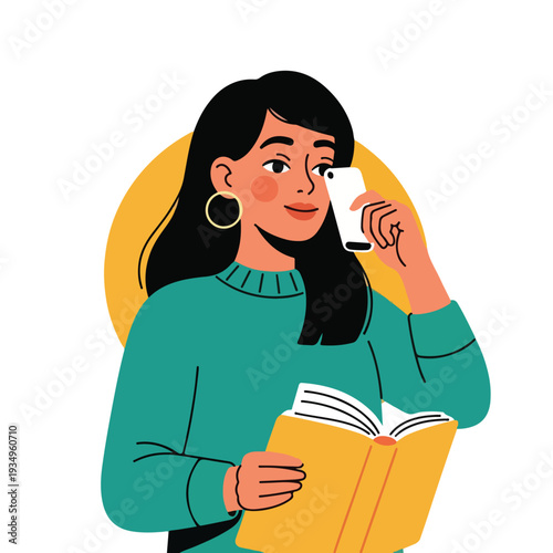 A woman holding a book and phone