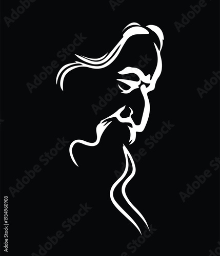 Stylized vector profile illustration of a wise man or guru with long hair and beard, rendered in white lines on a black background, evoking a sense of wisdom and contemplation for spiritual