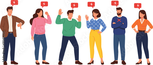 Group of people showing negative reactions and disagreement, diverse characters expressing rejection isolated on white background vector illustration