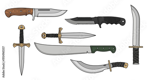 Various Knives Daggers and Machetes Vector Illustration Set