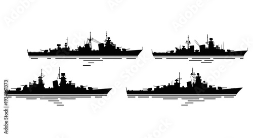 Naval Warship Silhouettes Vector Illustration Set