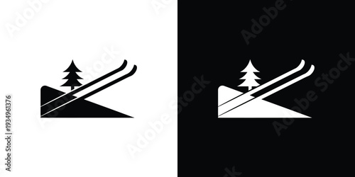 Black and white ski resort with pine tree and skis