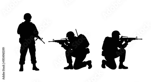 Army Soldiers Silhouettes with Assault Rifles Military Concept