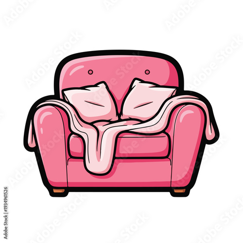 A pink armchair with two pillows and a throw