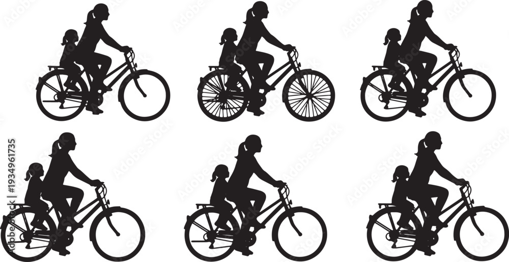 Obraz premium Black Solid Mother Child Cycling Silhouettes Set of Six on White Background