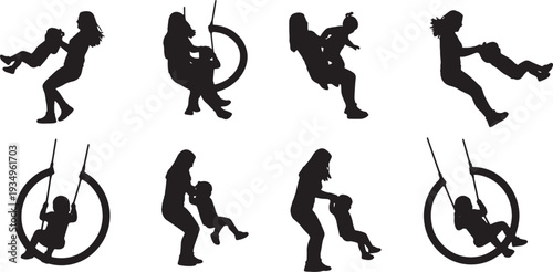 Black Solid Mother Swinging Child Silhouettes Set of Six on White Background