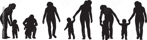Black Solid Mother Teaching First Steps Silhouettes Set of Six on White Background
