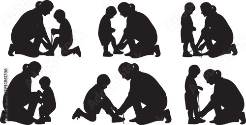 Black Solid Mother Tying Child Shoes Silhouettes Set of Six on White Background