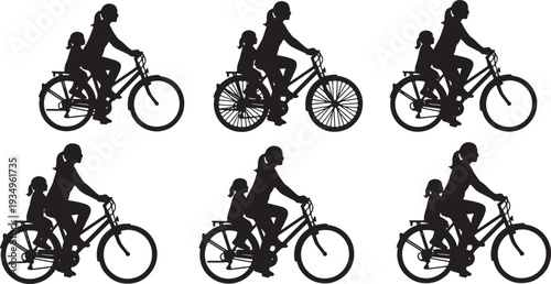 Black Solid Mother Child Cycling Silhouettes Set of Six on White Background