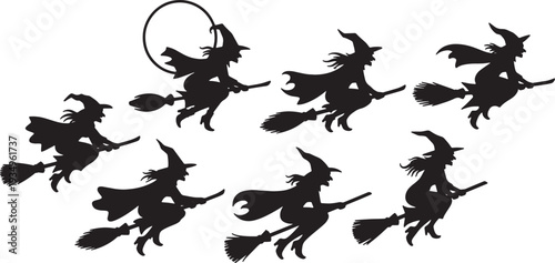 Black Solid Moonlit Witch Race Silhouettes Set of Six on White Background