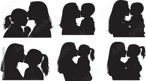 Black Solid Mother Kissing Child Silhouettes Set of Six on White Background