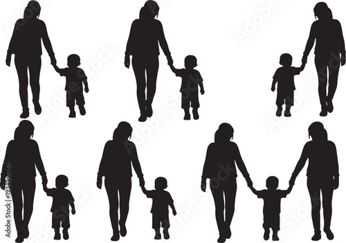 Black Solid Mother Walking With Child Silhouettes Set of Six on White Background