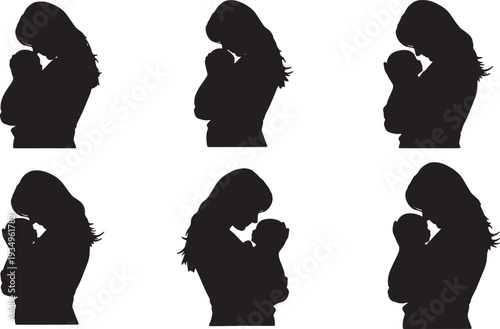 Black Solid Mother Holding Newborn Silhouettes Set of Six on White Background
