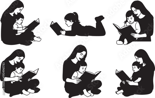 Black Solid Mother Reading To Child Silhouettes Set of Six on White Background