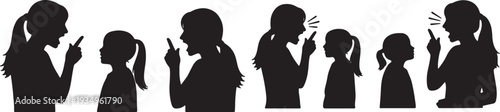 Black Solid Mother Scolding Child Silhouettes Set of Six on White Background
