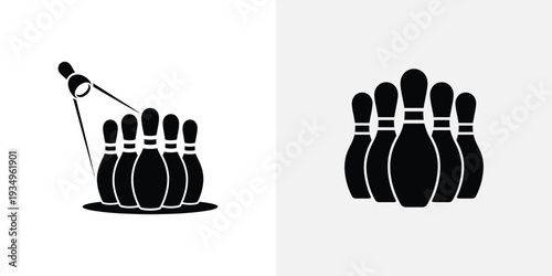 Black bowling pins with white outlines and a bowling ball on a white background
