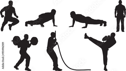 Black Solid Navy Officer Fitness Training Silhouettes Set of Six on White Background