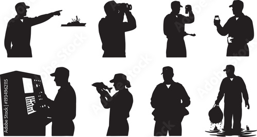 Black Solid Navy Officer Environmental Protection Silhouettes Set of Six on White Background
