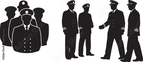 Black Solid Navy Officer Formation Silhouettes Set of Six on White Background