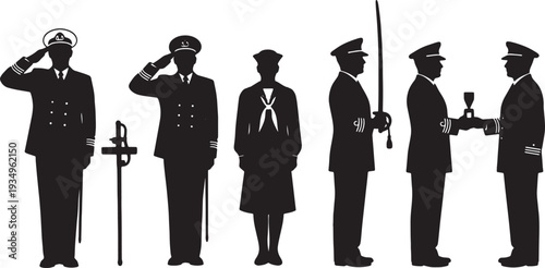 Black Solid Navy Officer Formal Naval Ceremony Silhouettes Set of Six on White Background