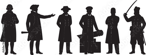 Black Solid Navy Officer Historical Leaders Silhouettes Set of Six on White Background