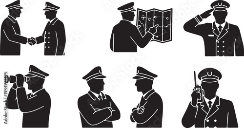 Black Solid Navy Officer Joint Exercise Silhouettes Set of Six on White Background