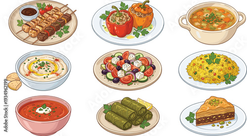 Middle Eastern cuisine dishes collection, kebab stuffed peppers soup hummus rice salad dolma and dessert vector illustration set