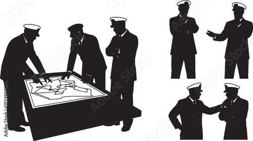 Black Solid Navy Officer Strategic Planning Silhouettes Set of Six on White Background