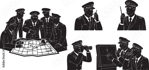 Black Solid Navy Officer Pressure Silhouettes Set of Six on White Background