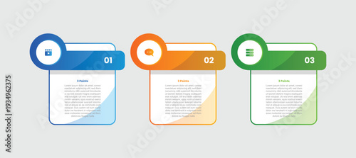3 points infographic with gradient style with round box table with circle badge header with 3 elements stages