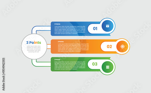 3 points infographic with gradient style with big circle left with round rectangle badge container and circle badge on right with 3 elements stages