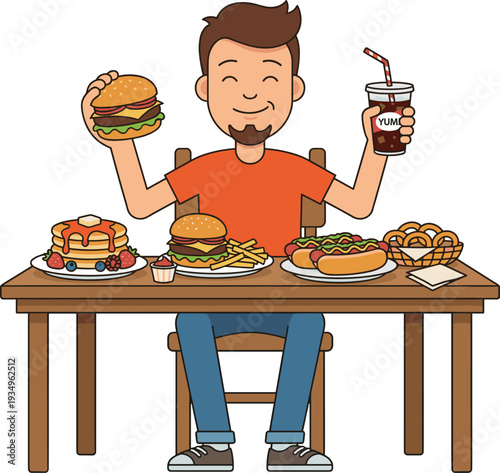Happy man eating fast food meal with burger fries hotdog pancakes and soda drink sitting at table vector illustration