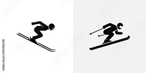 Black silhouettes of skiers in dynamic poses skiing