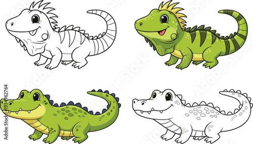 Cute Iguana and Crocodile Character Set with Color and Line Art Versions, Tropical Reptile Mascot Vector Illustration for Kids.