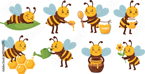 Cute Honey Bee Character Set with Bee Mascot Holding Honey Jar, Watering Flower, and Gathering Nectar Vector Illustration Set.
