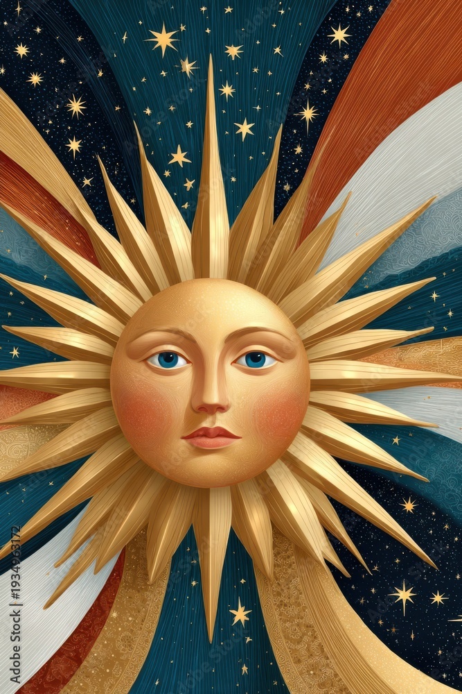 Fototapeta premium Golden sun face with radiant rays and starry celestial background in detailed ornamental style