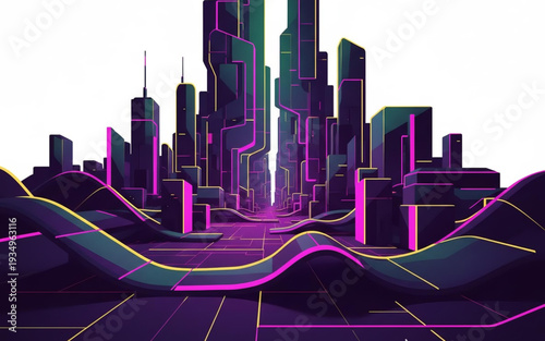 Futuristic cityscape with neon lights and sleek skyscrapers viewed from a futuristic landscape